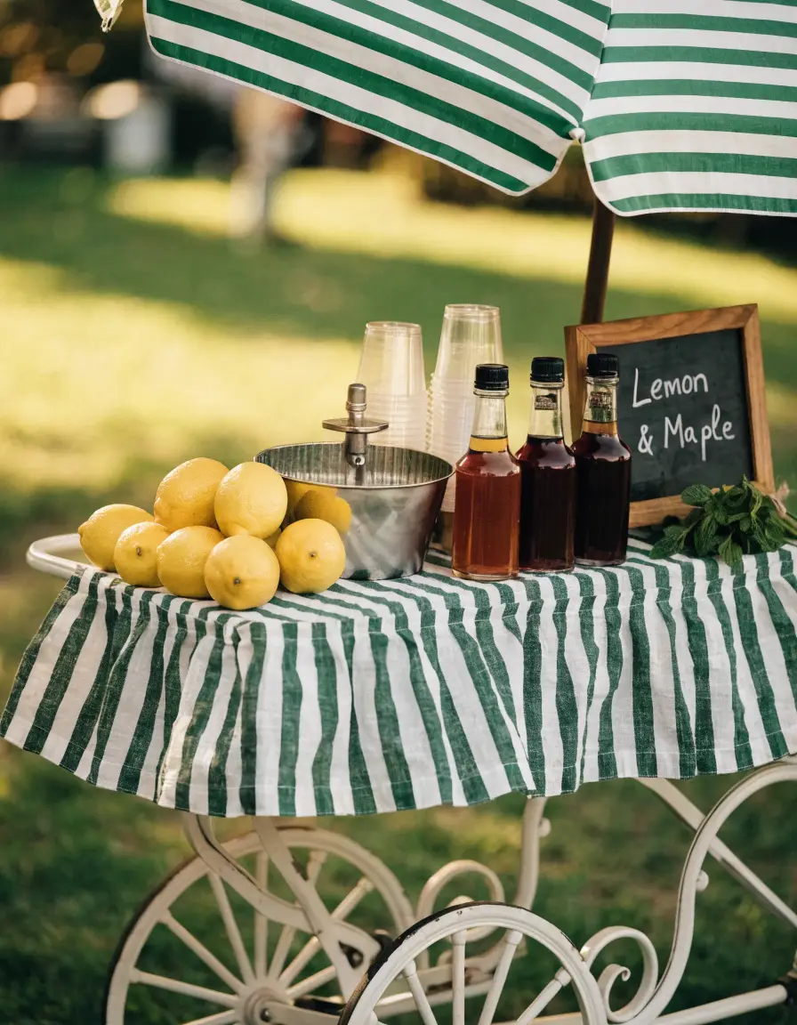 Lemon & Maple vintage cart with green and white striped awning, fresh lemons, and maple syrup bottles